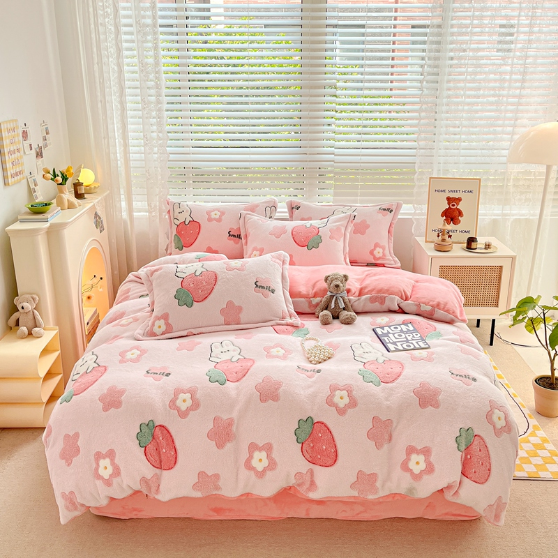Cute Panda Milk Velvet Duvet Cover Boys Girls Bedroom Decor Cartoon Animal Bedding Autumn and Winter Soft Warm Comforter Cover: Pink