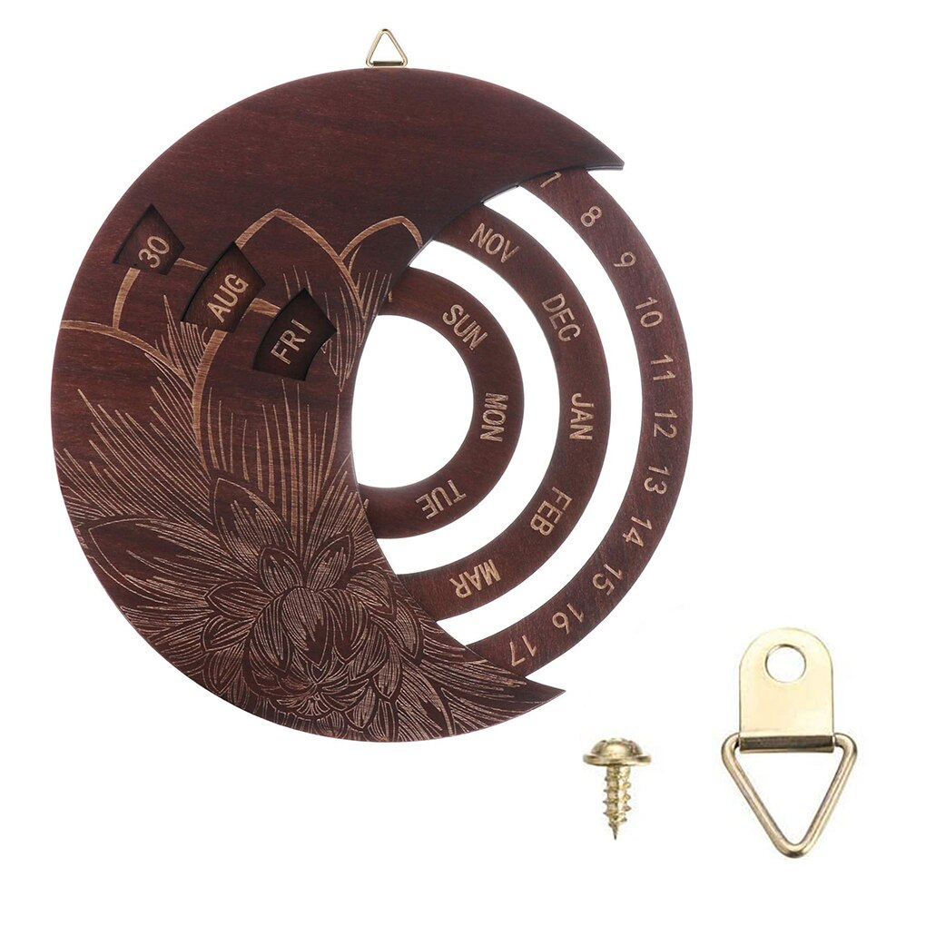 Hanging Perpetual Calendar Wooden Rotatable wall decoration Hand-Carved Adjustable Birthday Reminder Calendar Sign Board: Type 1 Brown