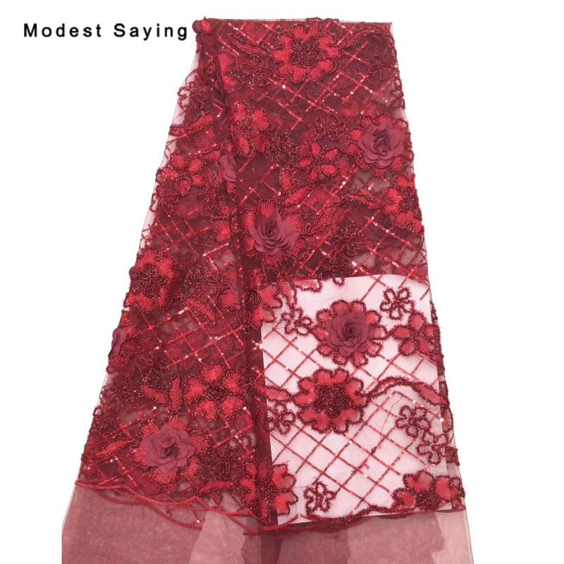 Tissu africain en dentelle rouge foncé, 2Yards, pour robe de soirée, maille brodée à paillettes, matériel de filet de bal nigérian,