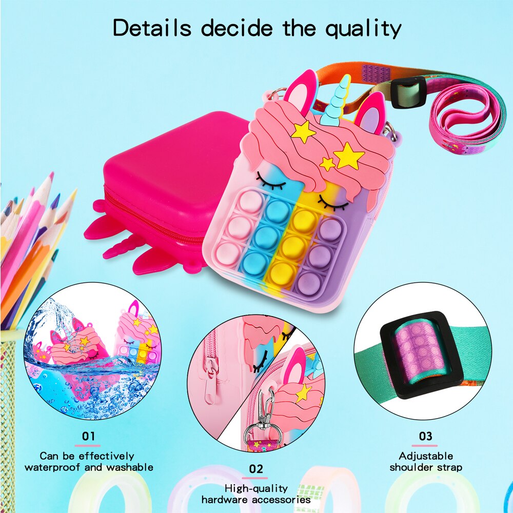 Push bubble pop it fidget mini enhjørning veske,nøkkelveske liten veske fidget sanseleker crossbody veske skulderveske barneleke