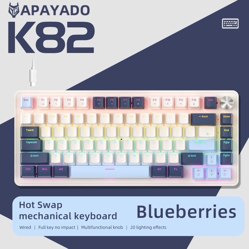 APAYADO 75% gamingtoetsenbord bedraad met metalen knop, -swap K82 zwart mechanisch toetsenbord, ABS transparant karakter RGB: Zalm / Rode schakelaar