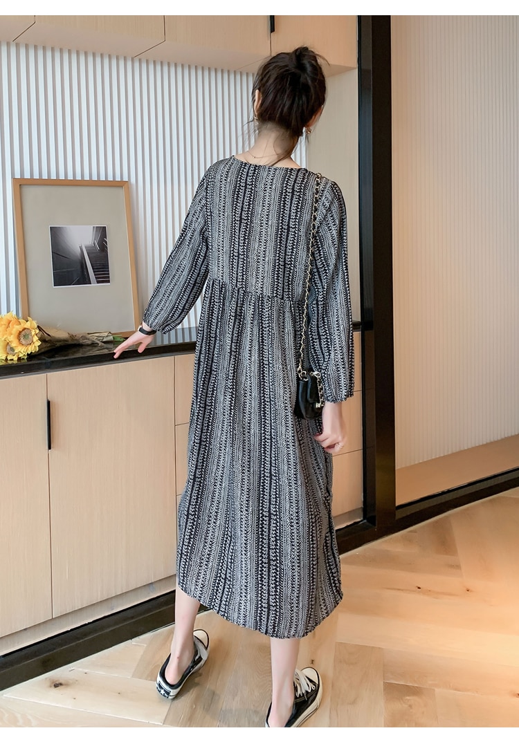 Autumn Plus Size Maternity Long-sleeved Lactation Dress Vintage Nursing Clothes Chiffon Postpartum Women Breastfeeding Dress