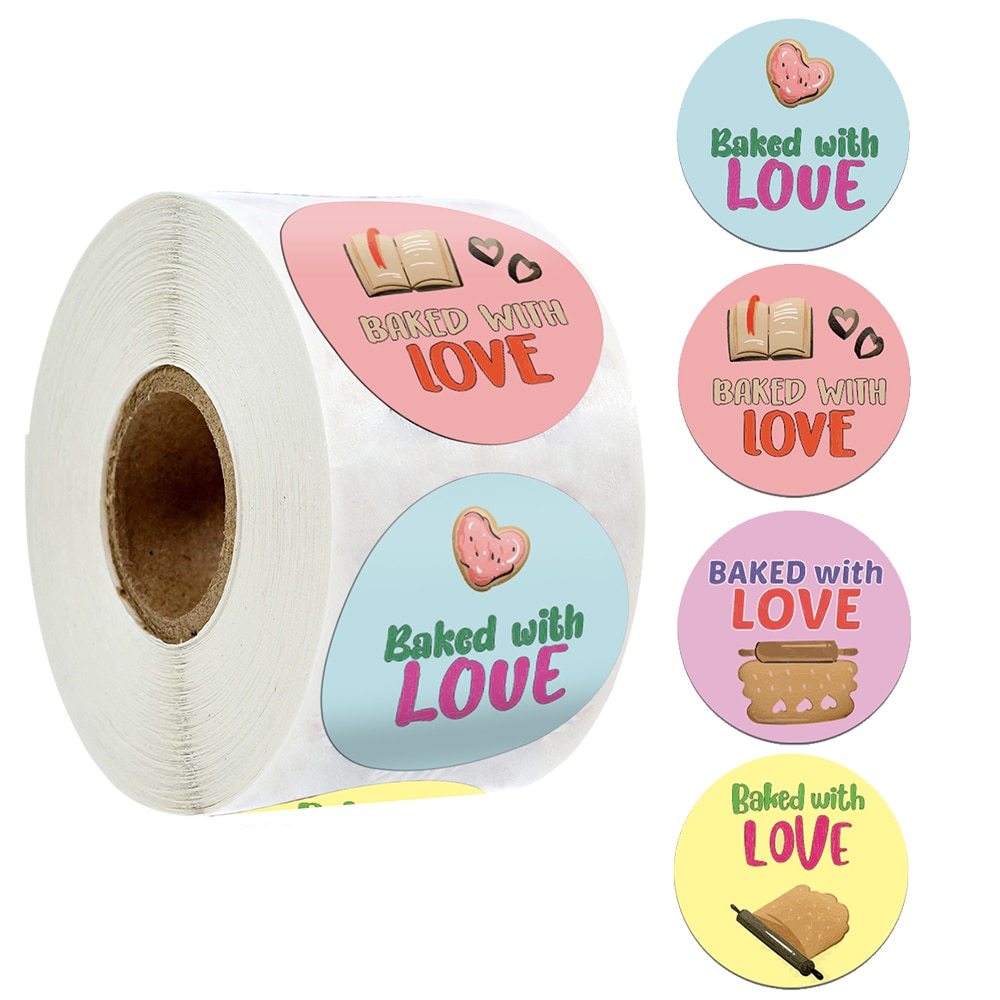 Pegatinas de comida redondas al horno con amor para niños, pegatinas bonitas para álbum de recortes, 1 pulgada, 4 diseños, 500 Uds. Por rollo
