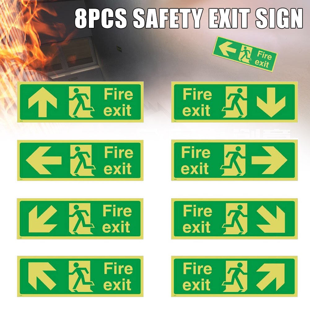 8pcs Photoluminescent Fire Exit Sign 300x100mm Plastic All Direction Arrows