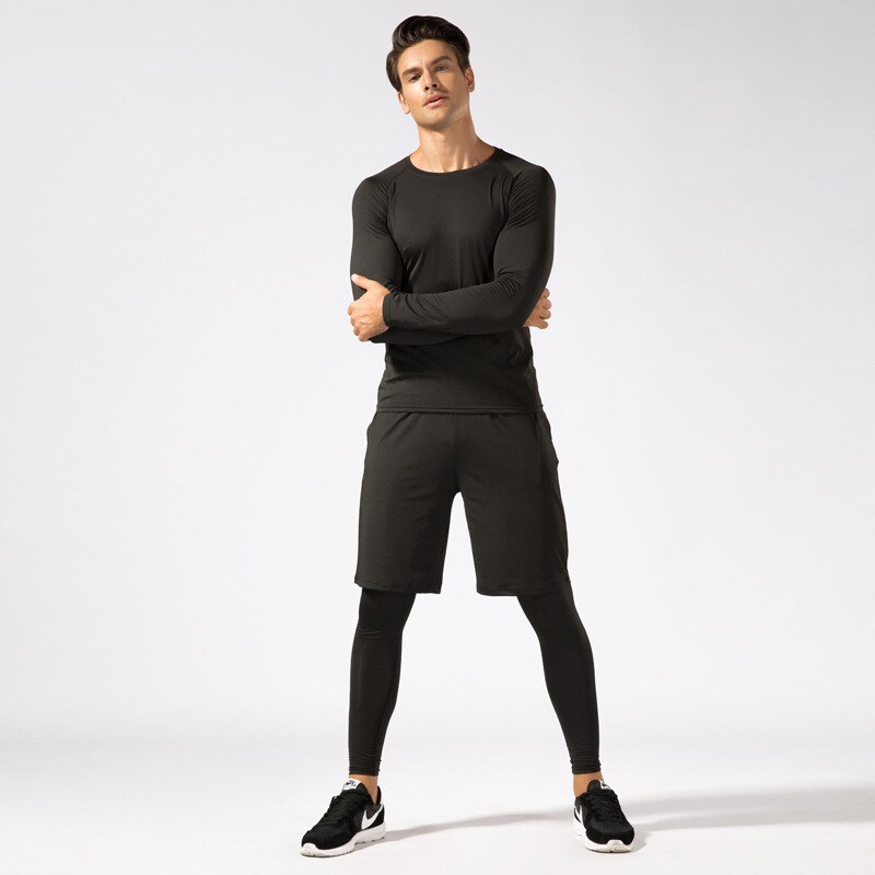 Fitness clothes sweat absorbing fast drying outdoor running sports suit autumn and winter long sleeve five piece set for men