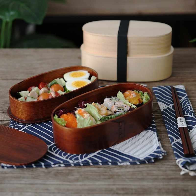 Houten Japanse Stijl Lunch Bento Box Double-Layer Servies Werknemers Studenten Picknick Salade Draagbare Ronde Container Servies