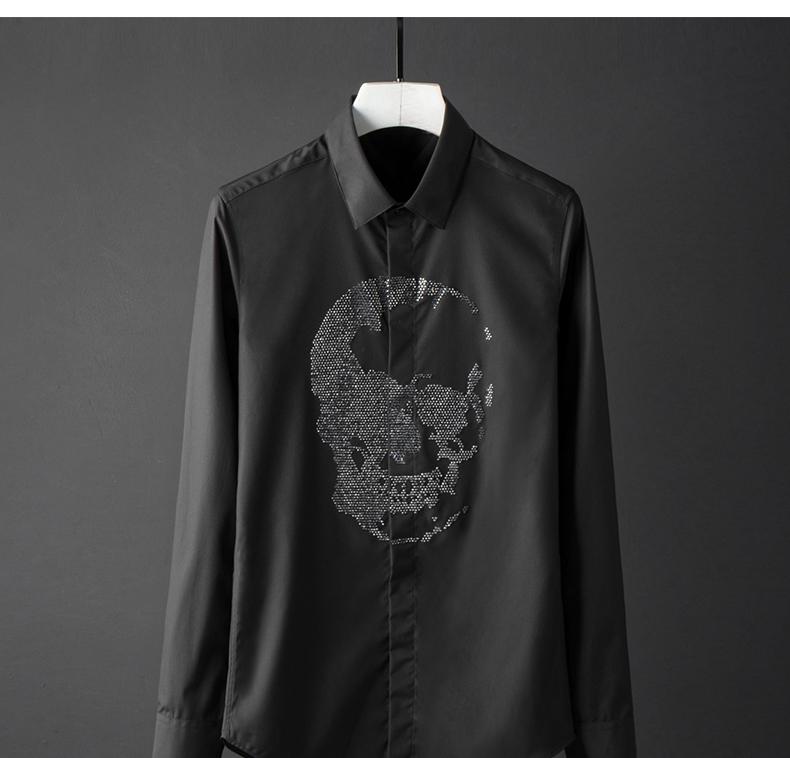 Enfärgade herrskjortor lyxiga kristalldiamantskalle långärmade herrskjortor slim fit fritidsskjortor plus storlek 4xl: Svart / L