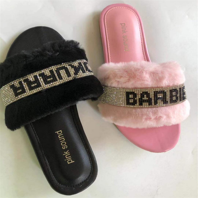 Pink hjem vildt hår hjemmesko vinter lyse diamant varme sandaler kvindelige flip flop flad med interiør hjemmesko
