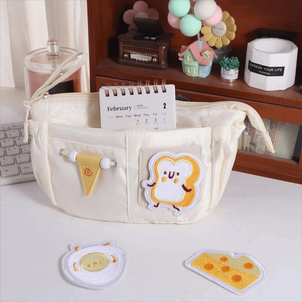 Caja organizadora de lápices de gran capacidad, estuche de lápices con parche bordado estético, bolsa de almacenamiento de papelería creativa de dibujos animados, bricolaje