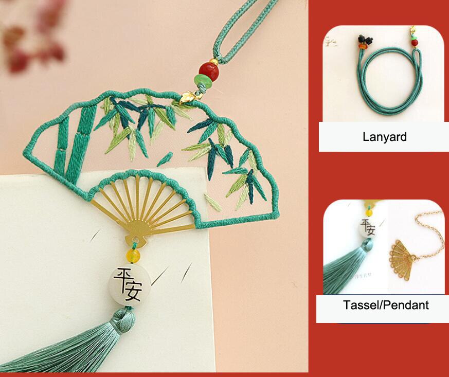 Handmade Diy w kształcie wachlarza zakładki wieszak samochodowy haftowany materiał torba z frędzlami dwustronny haft Ping Fu na prezenty Deco: A499