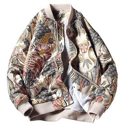 Chaqueta Bomber con bordado Floral y Grulla para hombre, ropa de calle con cuello levantado, estilo japonés, chaquetas de béisbol universitarios, abrigo de otoño: L