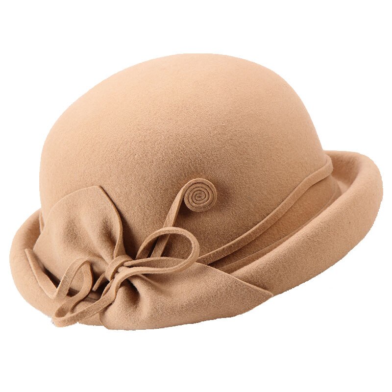 H274 jesień zima kapelusze z wełny kapelusz kobiety eleganckie moda Bowknot retro umywalka czapka panie czystego kolor wijący się kościół czapki imprezowe: CamelA