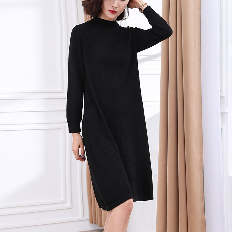 Women Autumn Winter solid wool Dress Long Sleeve loose Knitted Sweaters turtleneck Dresses