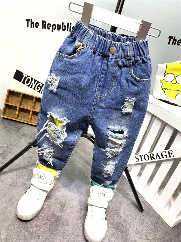Barn pojkar jeans kläder slitna byxor jeanskläder barn pojke populära cowboy långbyxor  as23: Blå / 3t-- höjd 100cm