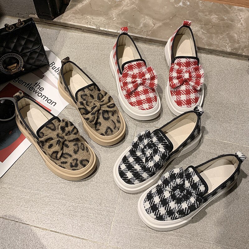 Bow-knot gingham slip on moccasins round toe creepers women shoes casual comfy brief cute loafers all match flats female