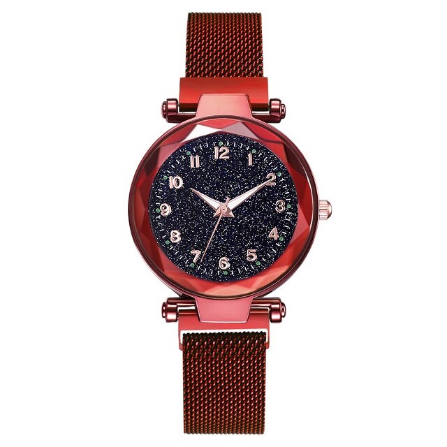 Relogio Feminino Women Starry Sky Watches Magnetic Mesh Belt Watch Women Dress Luminous Quartz Wristwatch Zegarek Damski: D Red