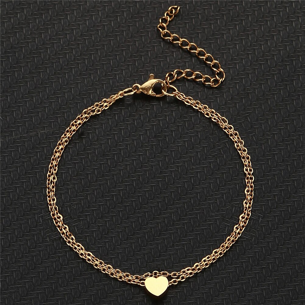 Stainless Steel Sequins Anklet for Women Double Layers Barefoot Sandals Heart Foot Bracelet Anklet Boho Beach Jewelry