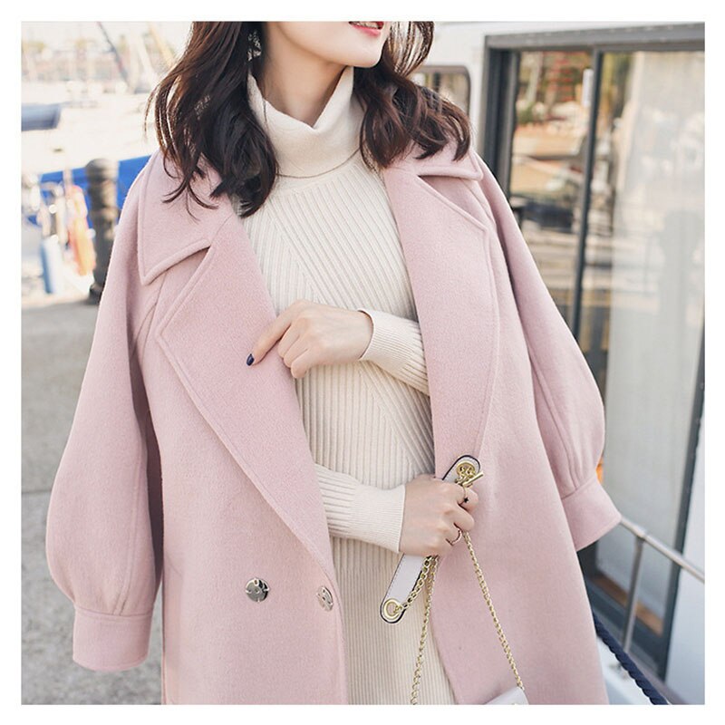 Vinter uld frakke kvinde uld jakke frakker kvinder løs varm med bælte lanterne ærmer dame kontor arbejdstøj overfrakke: Lyserød / S