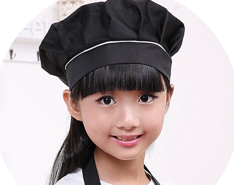 Kid Chef Hat Children's Baking Hat Cute Girls Boys Food Service Kitchen Work Caps Solid Pleated Top Painting Hats: Black