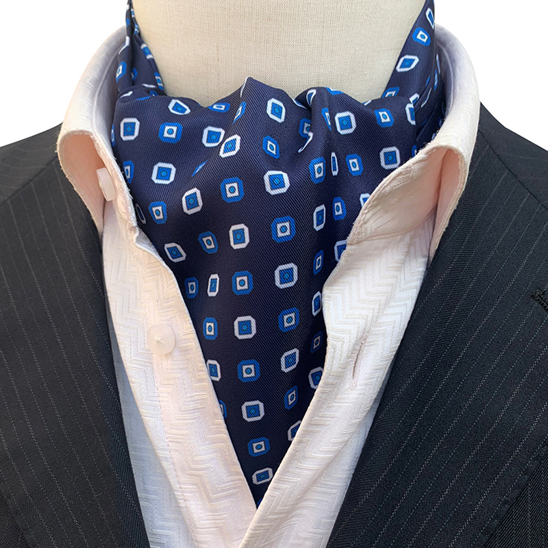 Mannen Ascot Banden Formele Sjaal Marineblauw Met Geometrische Plaids Ascots Das Voor Bruidegom Banket Wedding Party mannen