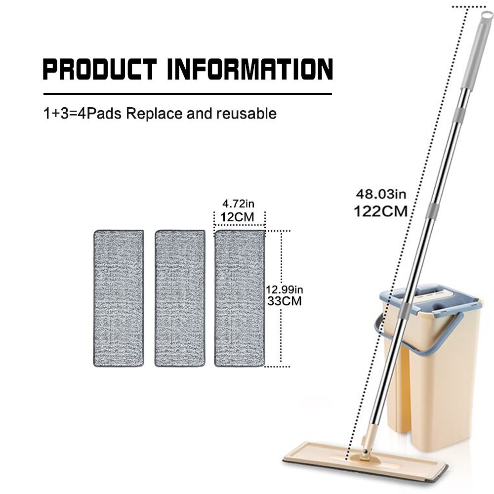 Trapeador plano con cubo Rotación de 360 ​​grados No lavar a mano Fregona para limpieza de suelos 6 alfombrillas de microfibra Uso húmedo y seco Utensilios de cocina para el hogar: Beige 4pcs Pads