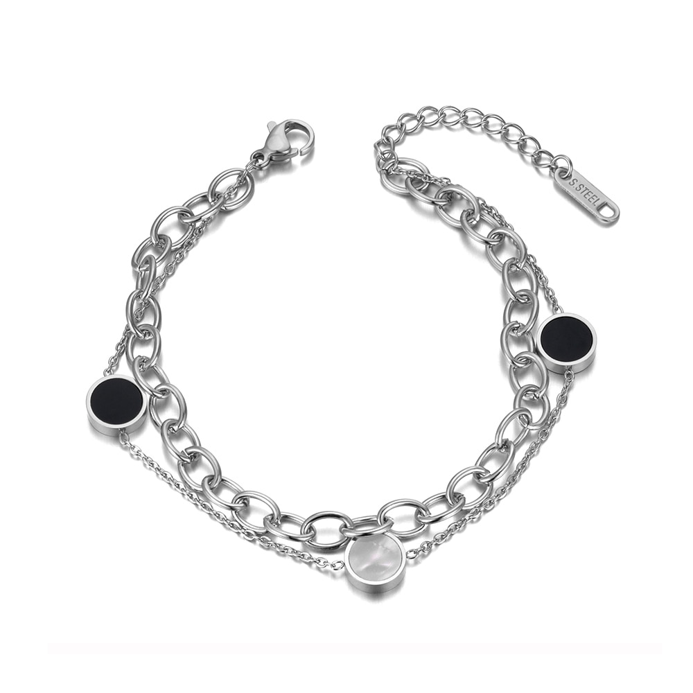 Lokaer Trendy Redonda de Aço Inoxidável de Dupla Camada Shell Acrílico Elo Da Cadeia Pulseira de Charme Pulseiras Para As Mulheres Menina Bohemia B20030: Cor de aço