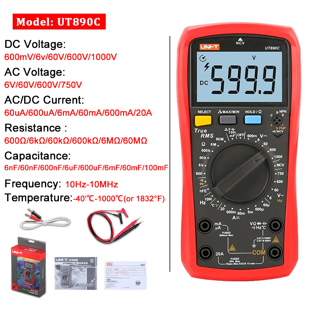 UNI-T Multímetro Profissional UT890C UT890D + UT89X UT89XD UT89XE UT60S UT60BT UT61B + UT61D + UT61E Plus Multímetro Elétrico: Azul