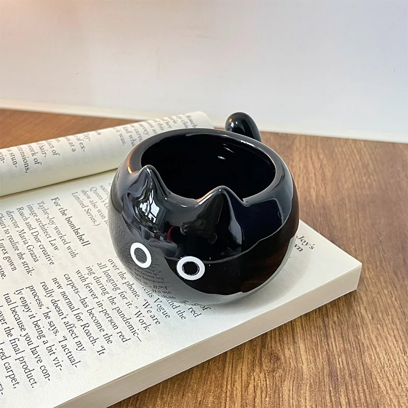 Taza de gato siamés, taza de cerámica de dibujos animados con tapa, cuchara, taza de agua, taza para pareja, divertido para cumpleaños de amigos: Negro