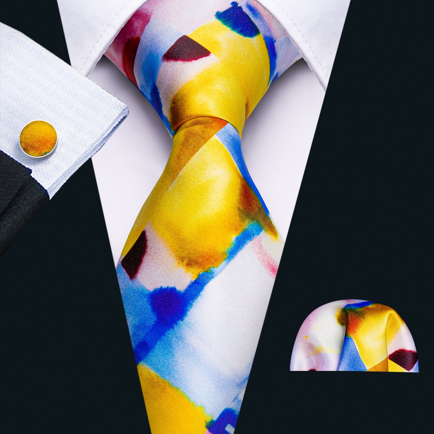 Corbata para hombre, pañuelo gravado, gemelos, juego de corbata para fiestas, corbata de negocios para hombres, cachemir, de , amarillo, bolsa para adultos, seda estampada