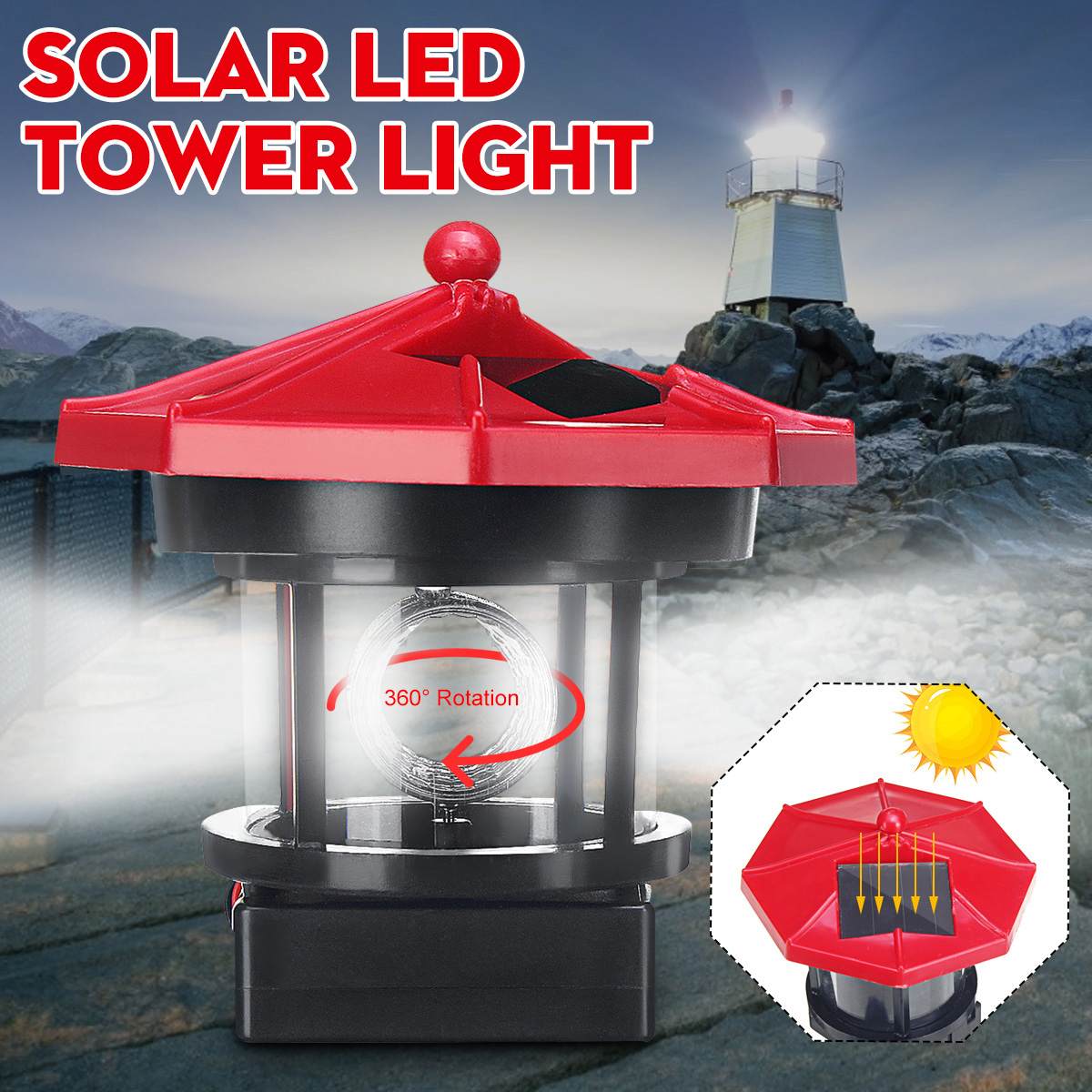 LED Solar Powered Lighthouse Statue Rotating Garden Yard Outdoor Lighting Decor