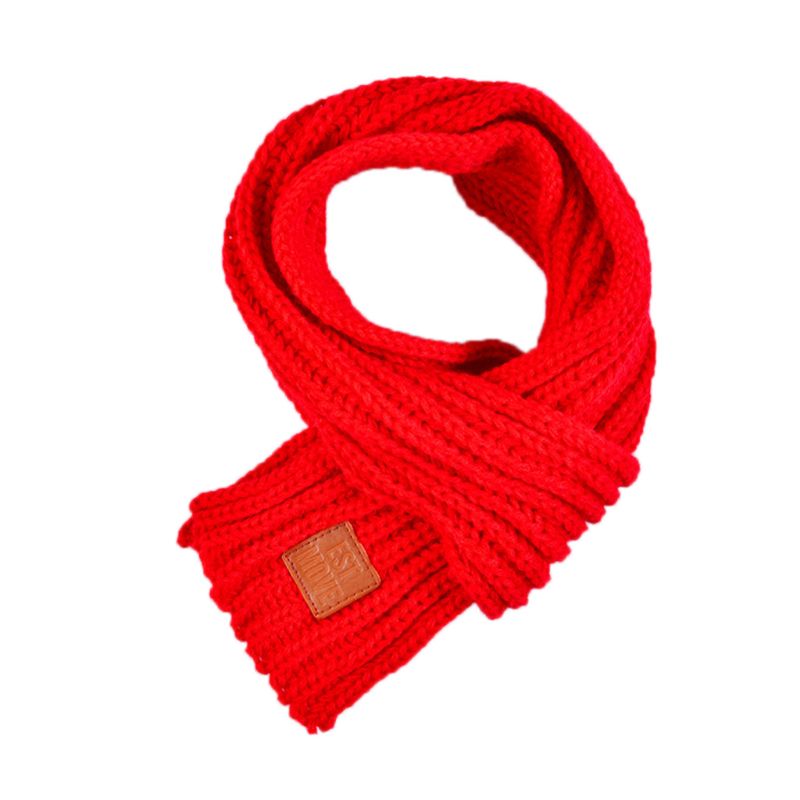Børn drenge piger strikket tørklæde akryl fiber ensfarvet fortykket vinter hals varmere sjal gummi bogstaver patch tørklæder  lx9e: Rød