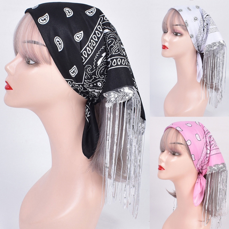 Cowgirl Bandanas Sequin Women Bachelorette Bandanas Tassel Trim Head Scarf Cowgirl Fringe Bandanas Neckerchief Bandanas