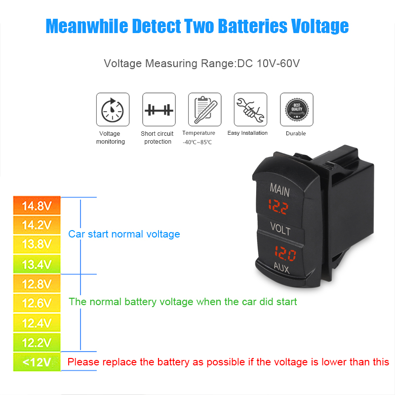 Voltímetro Digital para coche, barco y motocicleta, medidor de voltaje de 12-24V, LED, doble voltímetro, AUX, Monitor de batería principal