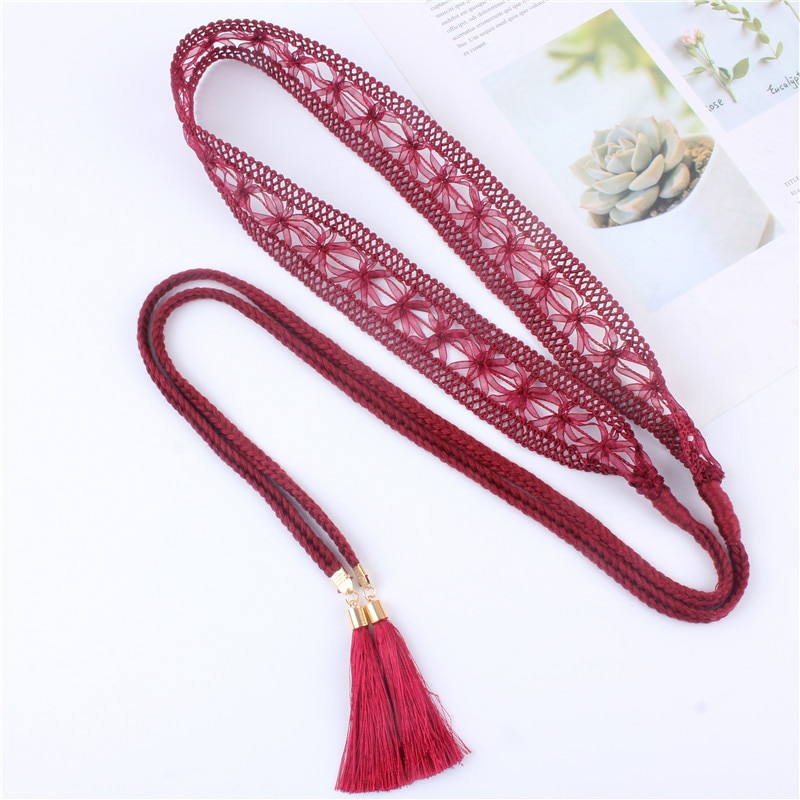 Cinturón de cintura de encaje trenzado para mujer, cinturón de cintura calado, decoración de falda, cinturón con borlas, tejido torcido, cuerda de nudo
