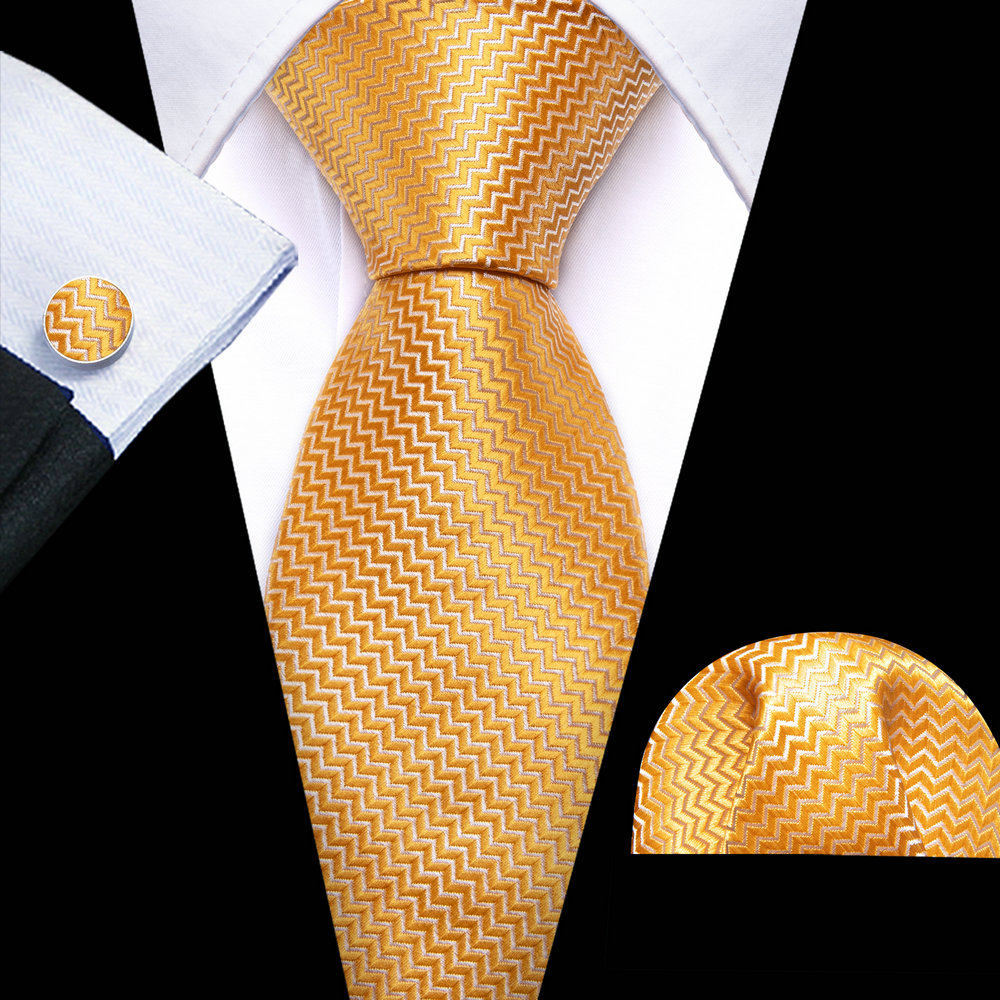 Classic Gold Silk Men Necktie Stripe Handkerchief Cufflinks Set Wedding Male Ties Business Party Barry.Wang
