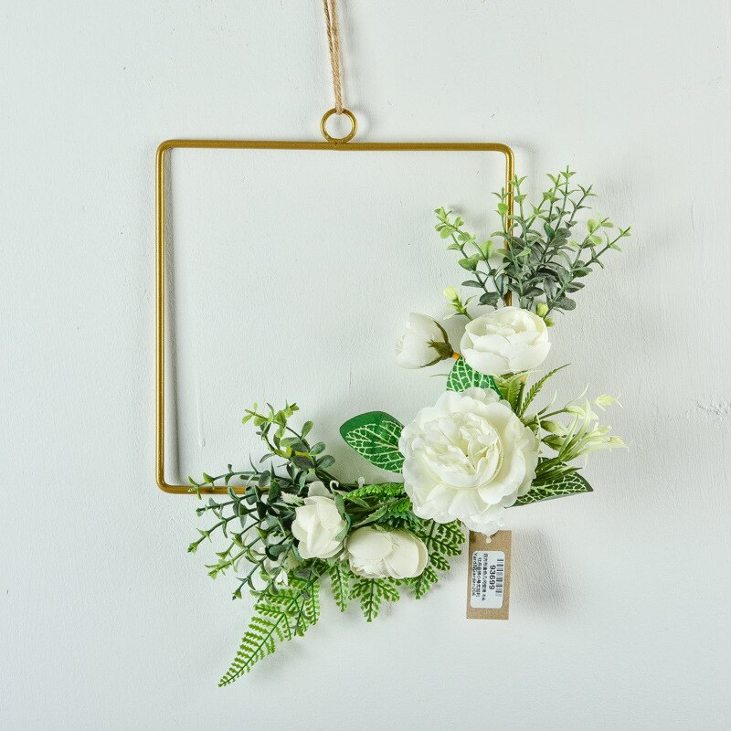 Cilected-flores artificiales de peonía blanca, decoración colgante de pared, guirnalda de aro de planta redonda de hierro forjado para decoración de boda