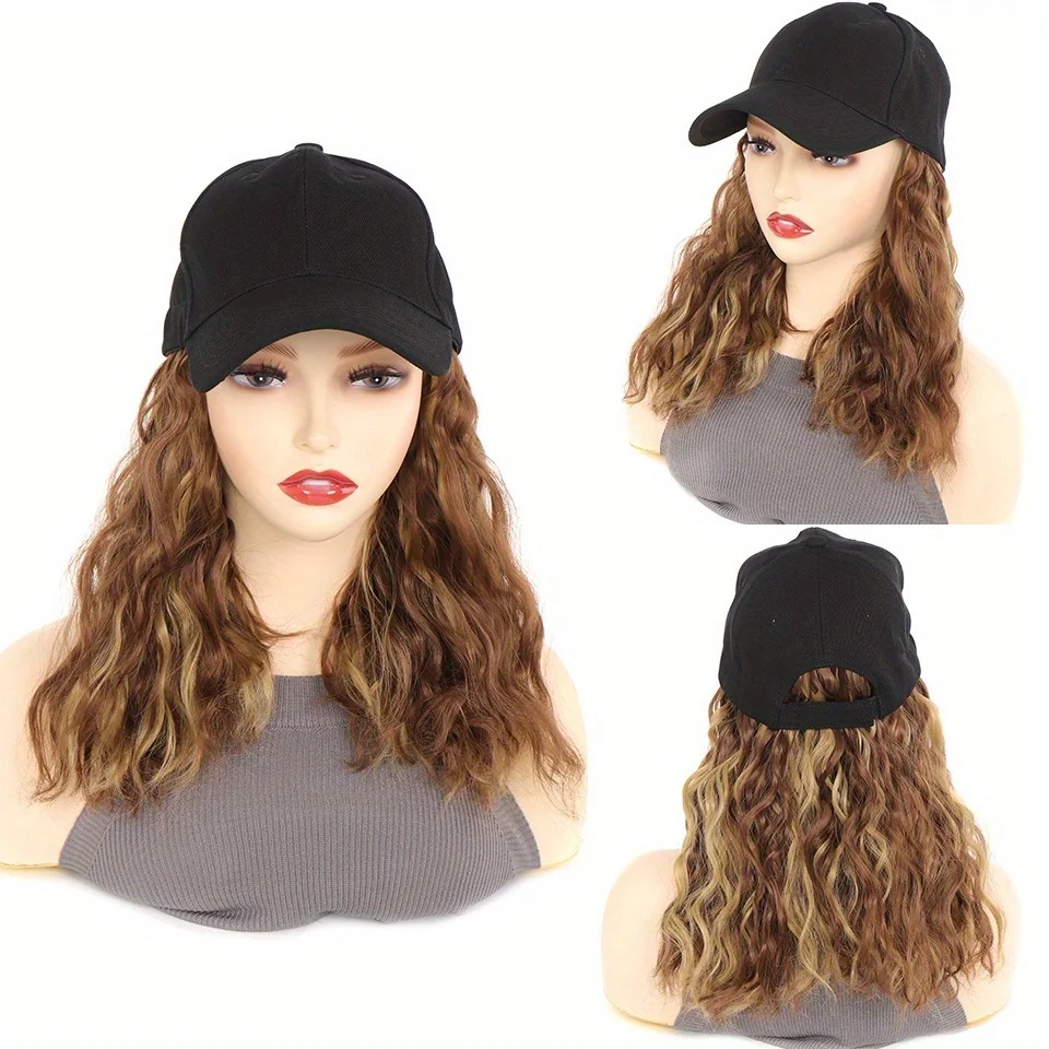 Pelucas de pelo ondulado rizado esponjoso sintético largo negro Difei con sombrero gorra de béisbol conectar naturalmente peluca de sombrero ajustable para mujeres: Gris