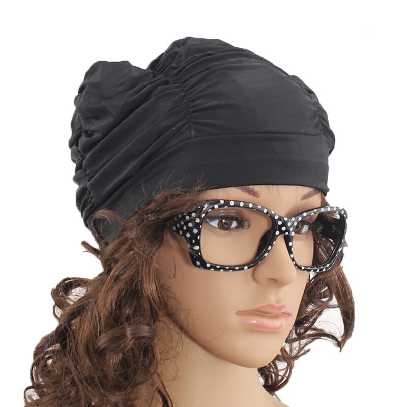 Pleated Cloth Cap Unisex Swimming Cap Soft Drape Elastic For Dreadlocks Long Hair Swim Caps Hat Women Sporty Adult Bathing Caps: C0874-BK