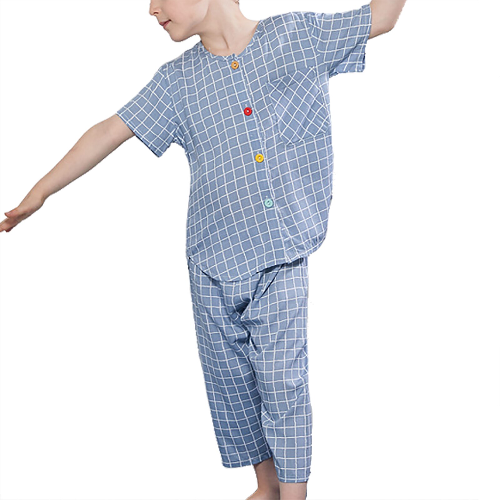 Unisex Baby Nachtkleding Kids Jongens Meisjes 2 Stuk Pyjama Set Kids Katoen Slaap Shirt Broek Pyjama Set Plaid Homewear Loungewear: Light Blue / 110