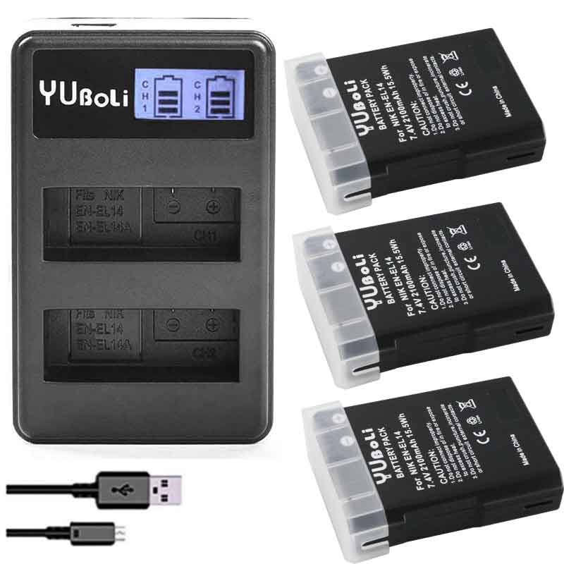 Paquete de baterías EL 14 ENEL 14 EN-EL14A EN EL14 EL14A EL14 + para Nikon D5200 D3100 D3200 D5100 P7000 P7100: charger and 3battery