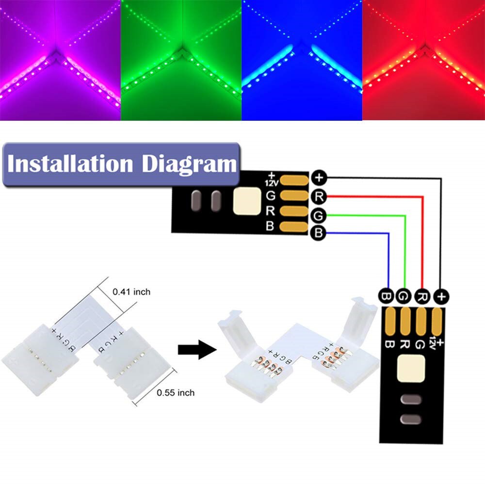 5050 4-Pin RGB LED Strip Light Connector Kit with T/L-Shaped Strip Jumpers Strip Clips Wire Connection Terminal Splice LED Strip