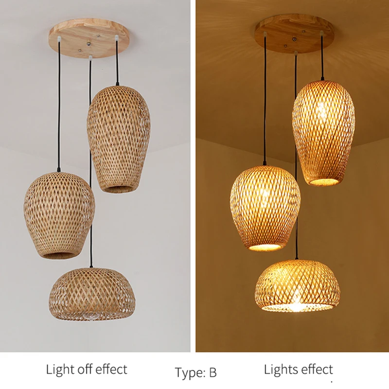 Lustre japonais en rotin de bambou naturel, lampes suspendues tissées à la main, abat-jour en osier, Suspension d'éclairage E27