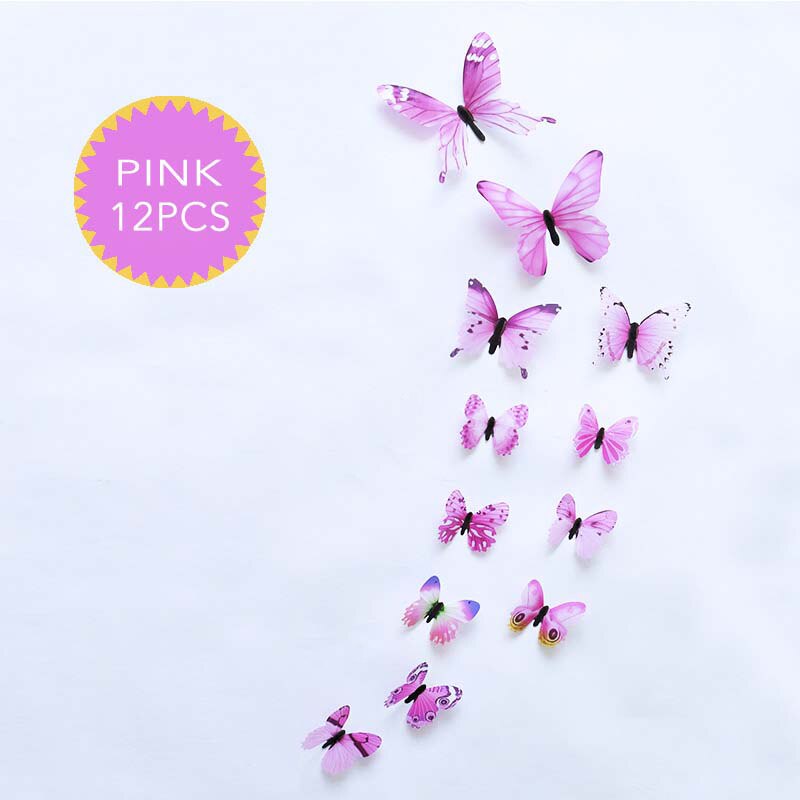 12 pièces lumineux 3D papillon Stickers muraux décor à la maison bricolage lueur dans le noir autocollant autocollant pour enfants chambre décoration de fête de mariage: Pink