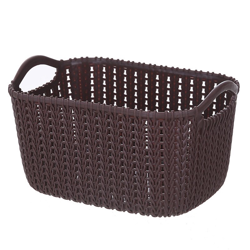 Imitation of the cane makes up receive basket plastic hollow out desktop clutter carrying basket bathroom clothes cosmetics: Deep coffee color