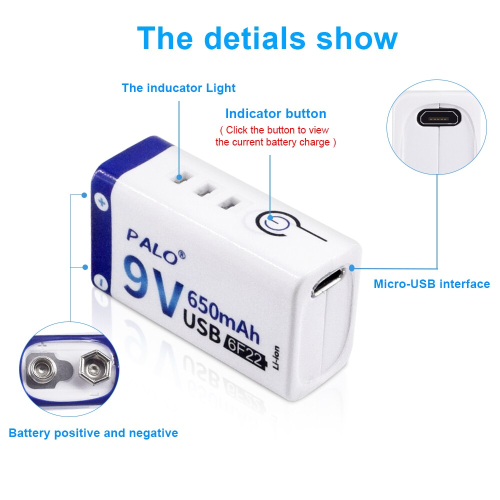 Bateria recarregável do lítio 9v de usb da bateria 9v do li-íon 650mah de palo 6f22 9v usb para o controle remoto do brinquedo