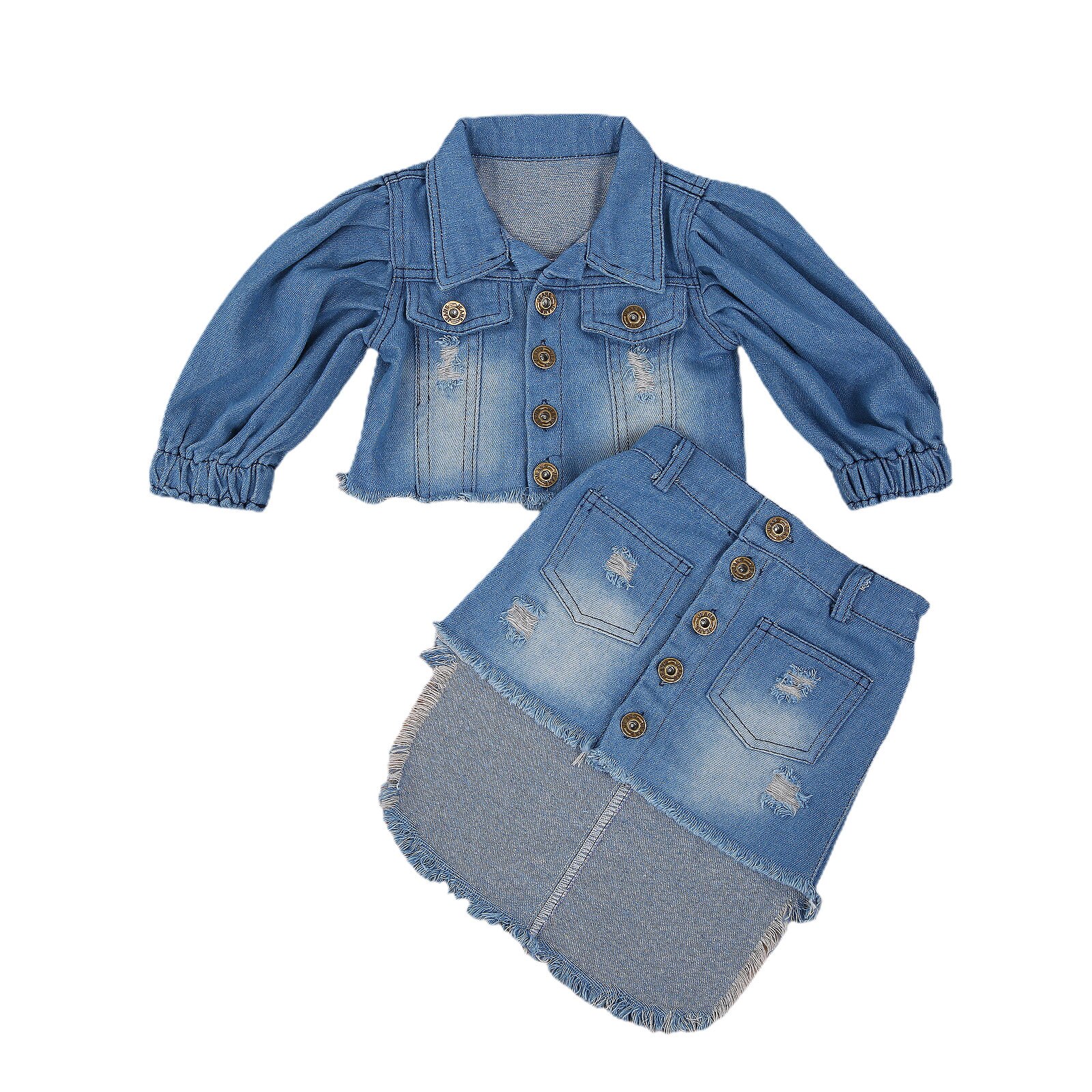 2Pcs Fall Kids Two- piece Clothes Set Blue Puff Sleeve Open Front Denim Jacket+Irregular Hem Skirt Toddler Infant Outfit: 4T