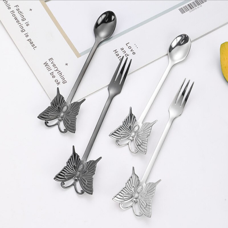 Cuillère à café en acier inoxydable 304, cuillère à café pour Dessert au sucre plaqué or, fourchette à fruits, polissage miroir poignée papillon, vaisselle 1 pièce