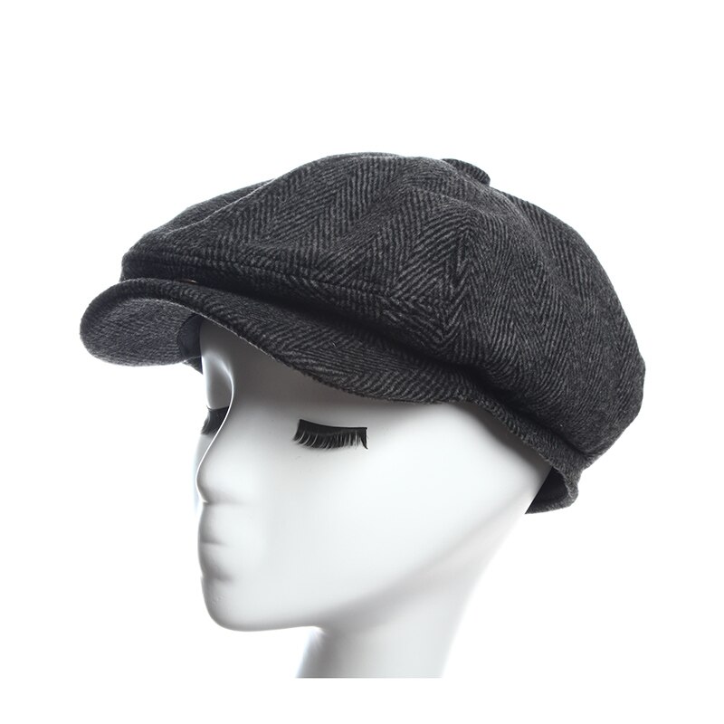 Tidningspojke kepsar fiskbens tweed varm vinter åttkantig hatt manlig kvinna gatsby retro platt keps hattar för kvinnor: Svart