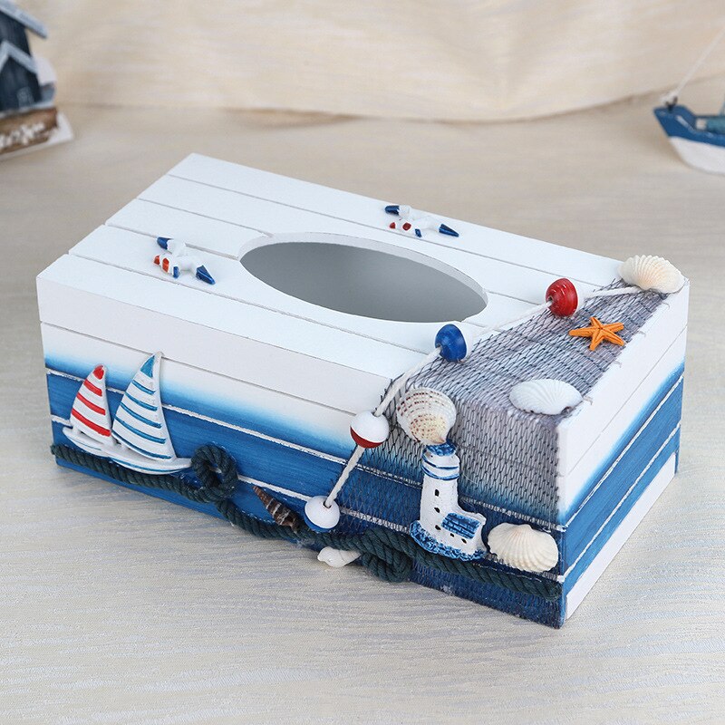 Mediterranean style wooden tissue box Blue ocean Beach marine shell decorative tissue box