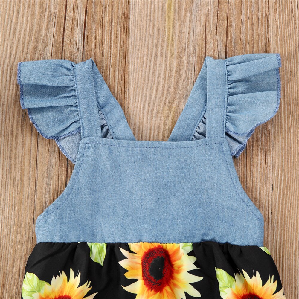 Baby zomerkleding 0-24m schattige pasgeboren baby's babymeisjes zonnebloemen bodysuit patchwork ruches jumpsuits zonnepak outfits